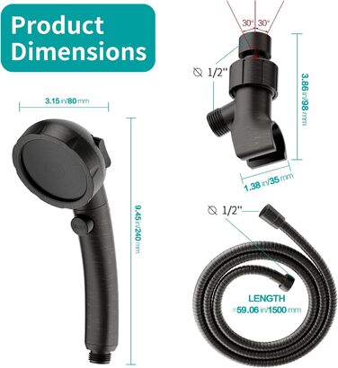 MIAOHUI Modern Handheld Showerhead with On/Off Switch, High-Pressure Showerhead with Handheld, 3 Spray Settings, Detachable Showerhead with Hose, Adjustable Angle Shower Holder (Brushed Nickel) (Oil Rubbed Bronze)
