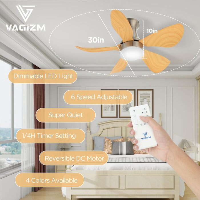 Стеляний вентилятор з підсвіткою для спальні: 76 см, тихий вентилятор з пультом дистанційного керування для вітальні, реверсивний DC-двигун, імітація натурального дерева, 5 лопатей, таймер, VV, шпон дерева