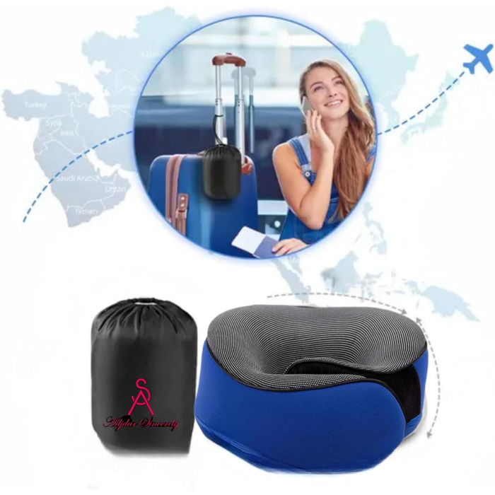 Подушка для шиї у літак, Memory Foam, доросла, регульована, компактна, ергономічна, сіра (блакитна)
