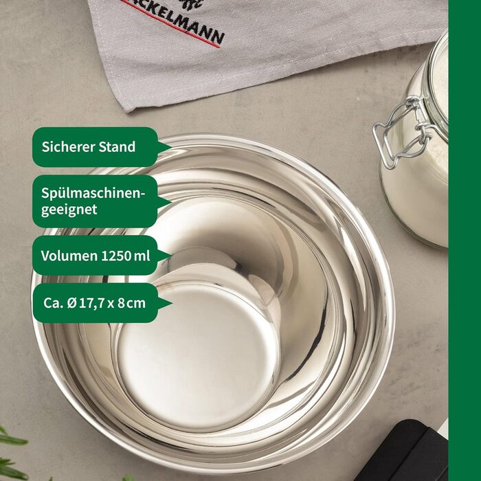 Нержавіюча чаша Chefkoch від Fackelmann Bonn з антиковзним силіконовим дном – 1,25л, Ø 17,7 x 8 см, для салатів, тіста та іншого, високоякісна, придатна для миття в посудомийній машині