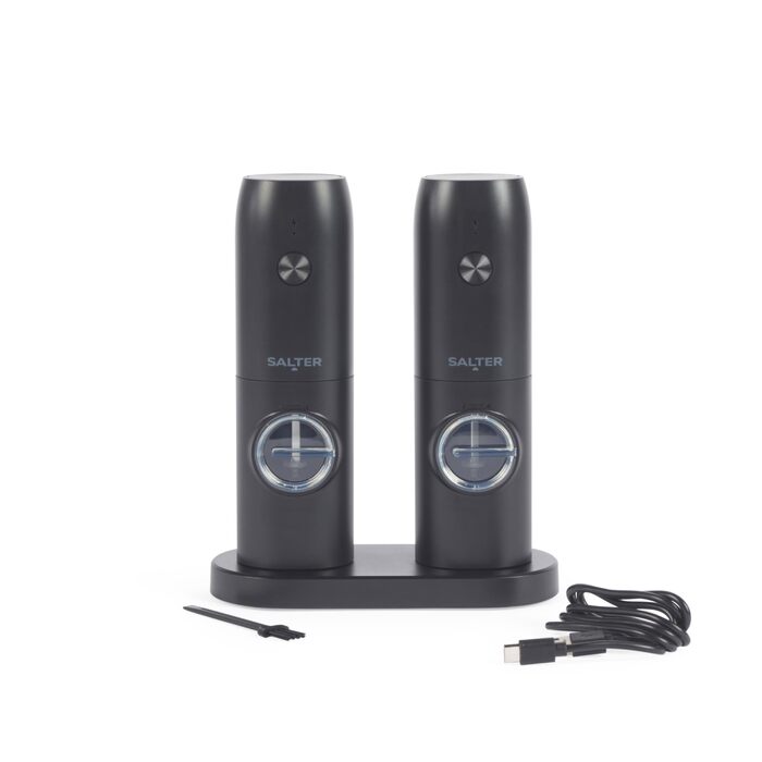 Набір електричних мельниць для солі та перцю Salter - регульований ступінь помолу, прозорі вікна, кнопка, база для зберігання, USB-кабель, керамічний механізм, підсвічувана база