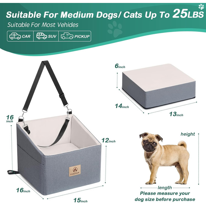 Автокрісло для собак, сіре, велике/маленьке, з підняттям та кишенями для зберігання. Підходить для собак до 25 кг або 2 цуценят. Знімне та пральне.