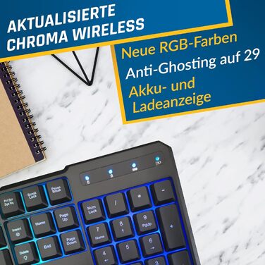 KLIM Chroma Wireless Gaming Tastatur: Бездротова ігрова клавіатура з RGB підсвічуванням, тиха, ергономічна, водонепроникна для PC, Mac, PS4, PS5 (Чорний)