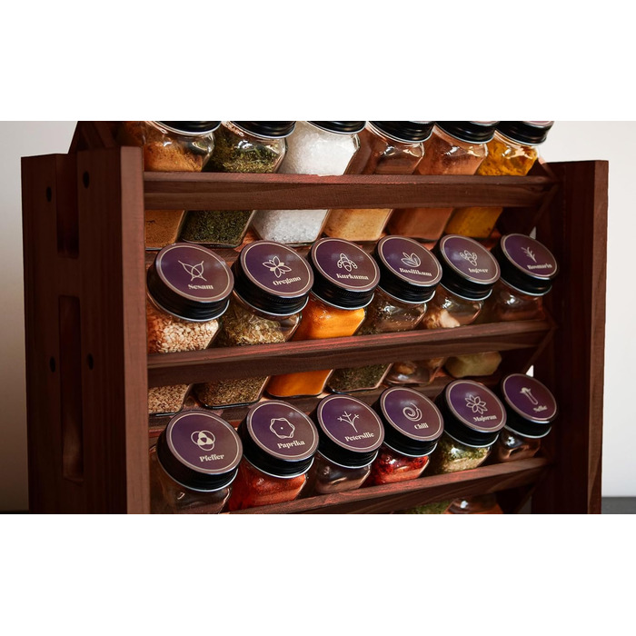 Elegant dark spice rack, wood, standing & wall mounted. 18 SPICE JARS, 25 LABELS. Spice organizer, spice rack, kitchen shelf, wood, vintage. Spice rack - spice rack system hanging - spice storage