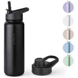 Stainless Steel Water Bottle 1L - Straw, Drinking Opening - Leakproof, Carbonated Drink Compatible, BPA Free - Thermos Flask for Sports, Outdoors, School, University, Cycling, Hiking, Gym (750 ml, Black)