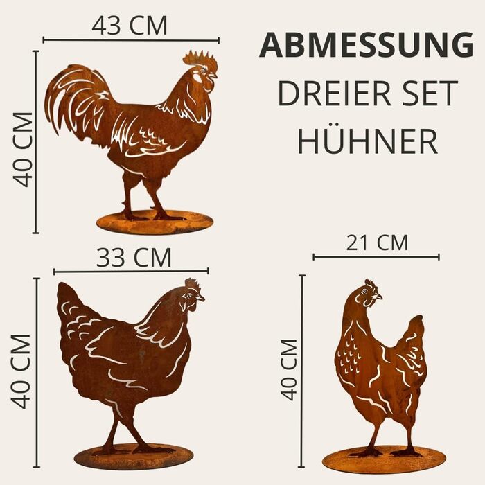 Stahldesign Edelrost Chicken Set, Life-Size for Display, Handmade in Germany. Wonderful garden decoration made of rust-colored metal, rust-look decor, rust figures animals, rust figures garden, rust decor.