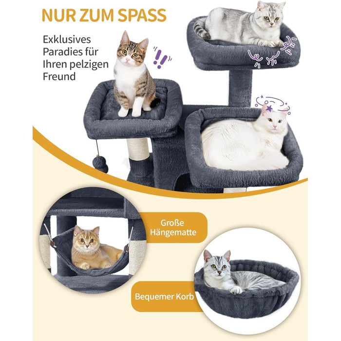 Кігтеточка для котів Hzuaneri, 176 см, XL, 3 платформи, 2 печери, 7 кігтеточних стовпів, гамак, плюшеві кульки, для багатокотових домівок, темно-сірий MS17618SG
