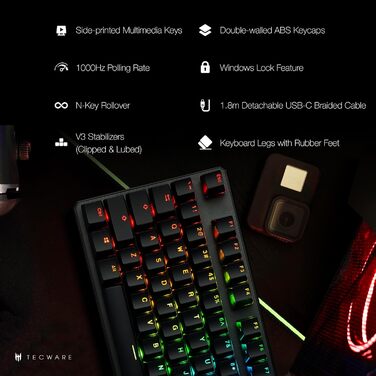 Механічна клавіатура TECWARE Phantom+ 87 клавіш RGB (Чорна) з перемикачами Wraith Red (лінійні, 45g)