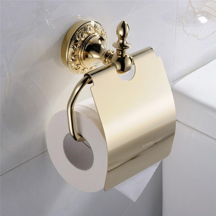 CASEWIND Toilet Paper Holder Gold, Wall Mounted Toilet Paper Holder, Wall WC Paper Bracket with Cover Brass for Drilling