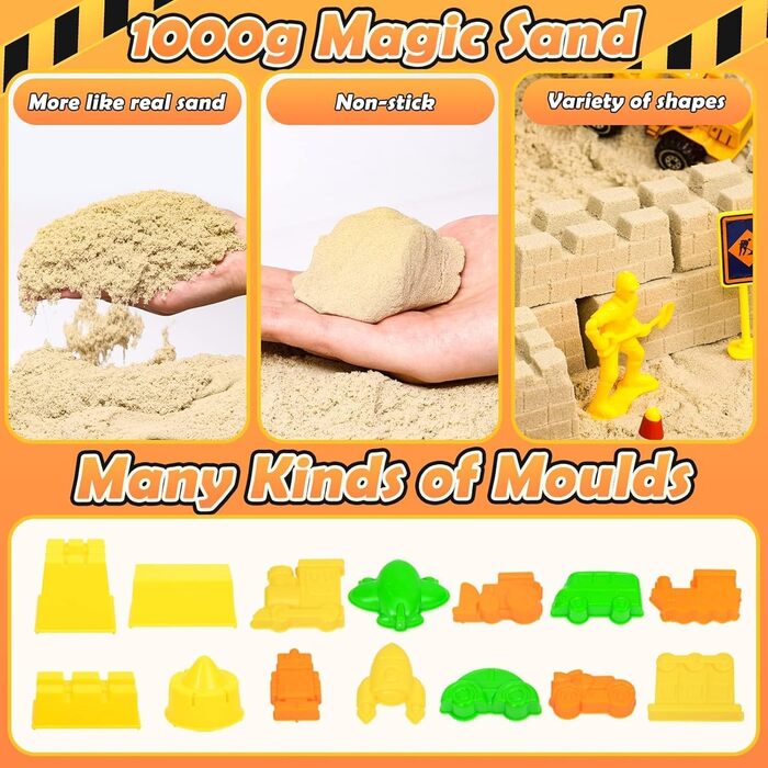 Tacobear Construction Site Magic Sand Case Sensory Toy Gifts Boy 3-8 Years with 1kg Kinetic Sand, Crane Toy, 5 Mini Vehicles & 14 Sand Molds, Sand Play Toy, Magic Sand Gift for Kids