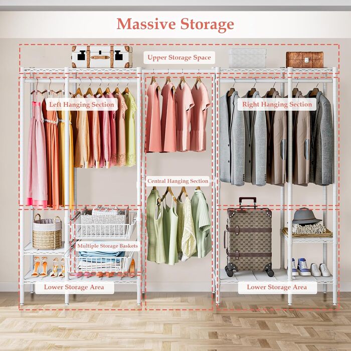 Важкий металевий вішак для одягу, розширюваний відкритий гардероб з 2 висувними кошиками, (249-297) x 40 x 192 см, білий