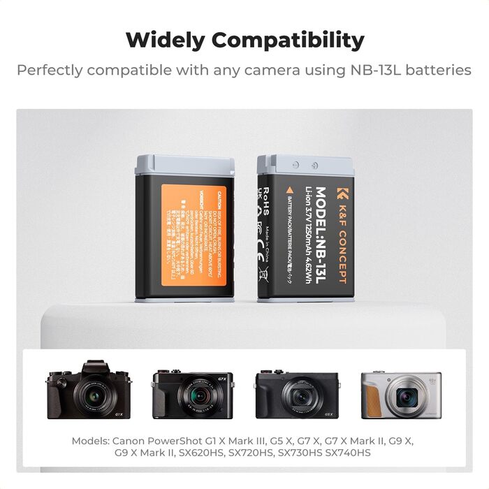 Запасний акумулятор K&F CONCEPT NB-13L (2 шт.) з LCD-зарядним пристроєм для Canon EOS G7X3/G7X2/G9X/G5X/SX720HS