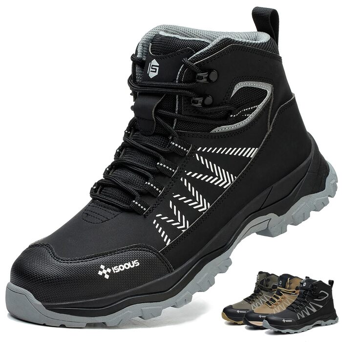 Чоловічі та жіночі робочі черевики ISOOUS з високим захистом, чорні, з металевим підноском, неслизькі, 43 EU