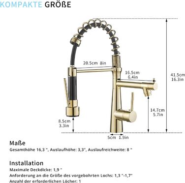 Змішувач кухонний LED з висувною насадкою, 360° поворот, 2 виходи, хром, для кухні, високий тиск, з підсвіткою, преміум-якість
