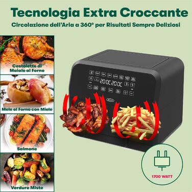 Фритюрниця аерофритюрниця Bella 8L з двома кошиками, сенсорним екраном, 8 функціями, регулюванням температури, таймером, антипригарним покриттям, 1700W, чорна