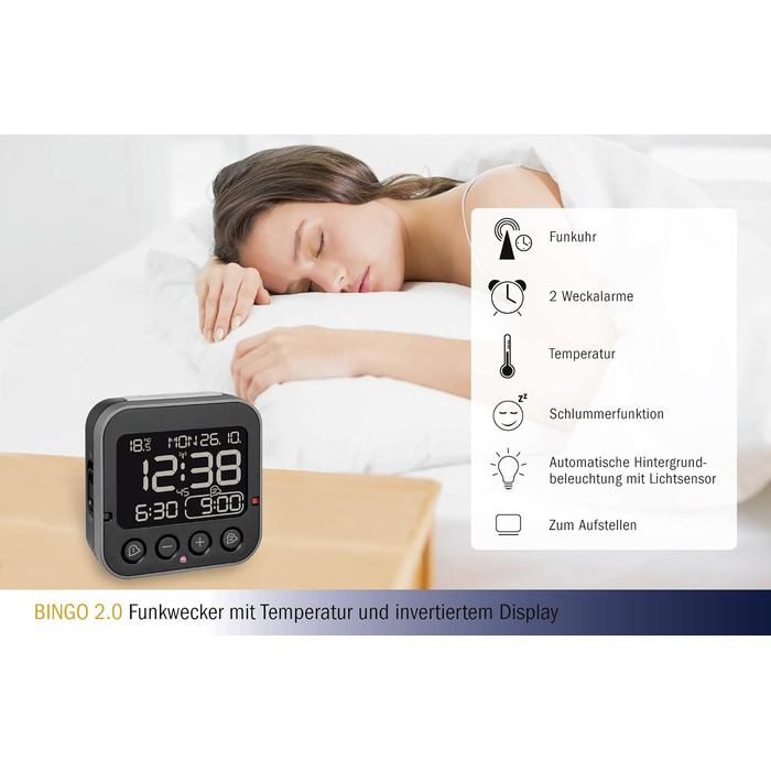 TFA Dostmann Bingo 2.0 Digital Radio Clock, 60.2552.01, High Accuracy, Radio Clock, Temperature Display, Date, L 95 x W 41 x H 96 mm White Numerals