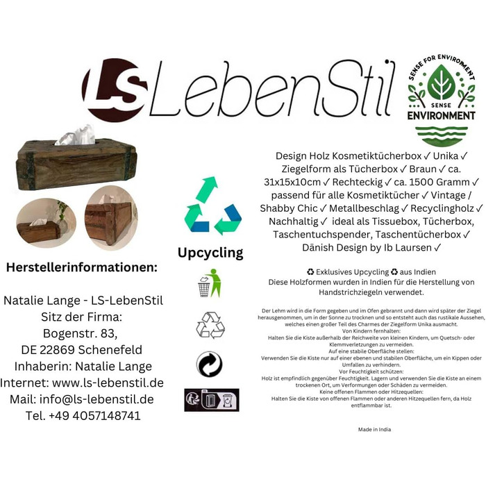 LS-Lifestyle Wooden Tissue Box Brown 31x15cm Brick Shape Cosmetic Tissue Box Facial Tissue Box