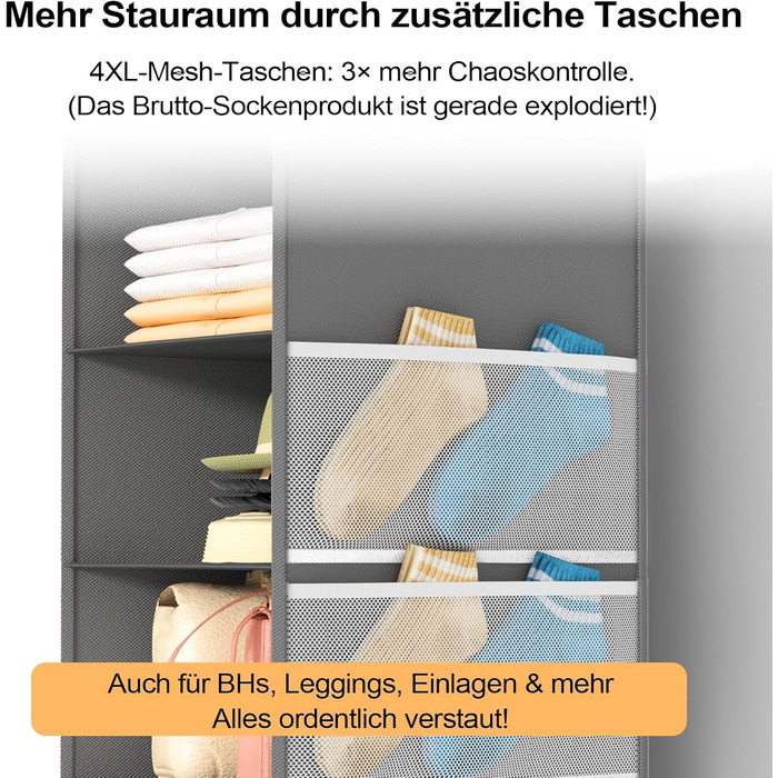 Організатор для шафи Extra Tief – 4 кишеньки з сітки, органайзер для шафи, настінний органайзер, стабільний та економний, ідеальний для гуртожитку та автодому (Сірий, 6-ярусний)