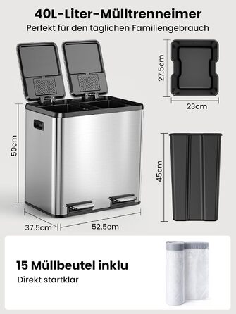 Кухонний смітник YEAUPE PRO на 60л (2х30л), роздільний відро для сортування сміття та переробки, нержавіюча сталь