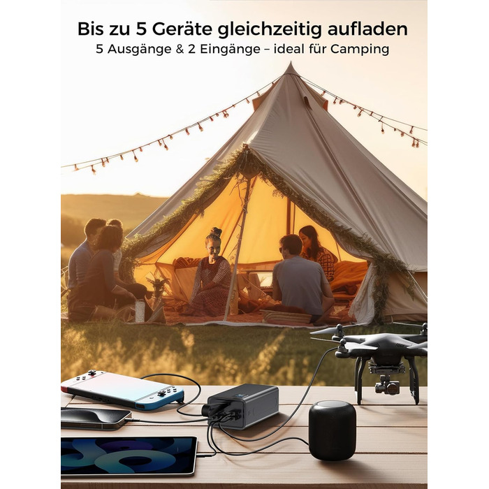 Powerbank Upgrade 70000 mAh: Швидка зарядка 30W PD, 5 виходів USB-C, LED дисплей, портативний зарядний пристрій для iPhone, кемпінгу - Чорний