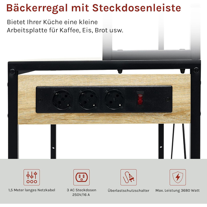 Кухонна полиця WOLTU з 6 ярусами, з розетками, мікрохвильова полиця з 6 гачками, полиця для пекаря з металевим каркасом, регульовані полиці, Чорний+Рустикальне коричневе, 60 x 167 x 40 см (Чорний+світлий дуб, 80 x 39,5 x 167 см)