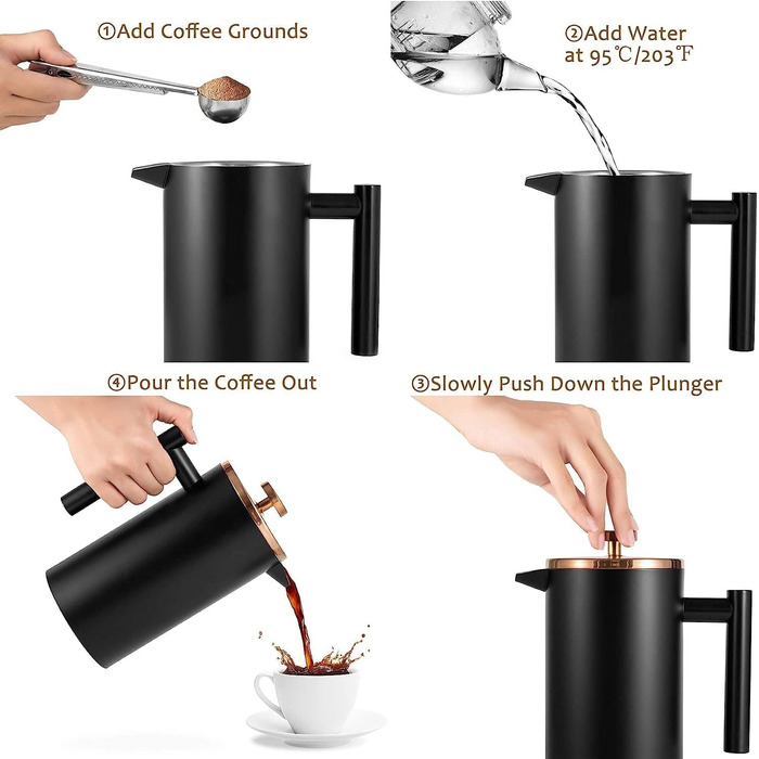 French Press MaxMiuly: Френч-прес для кави, 0.65 л, 3 чашки, нержавіюча сталь, термоізольований, чорний