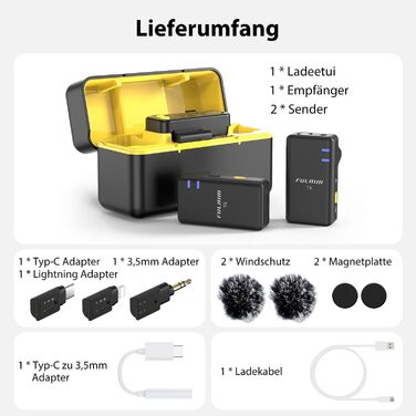 Мікрофон FULAIM X6S: Бездротовий петличний мікрофон з AI шумозаглушенням для iPhone, камер та відеозйомки. 48 кГц/24 біт, з кейсом для зарядки та зберігання.