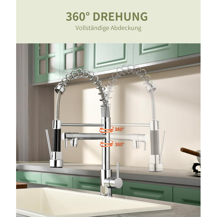 Кухонний змішувач з витяжною лійкою, 360° обертання, 2 режими, нержавіюча сталь, преміум-якість