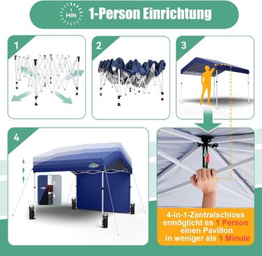 COBIZI Gazebo, Folding Gazebo, Waterproof and Stable, 275 cm Party Tent UV Protection 50+ Folding Gazebo with Waved Pattern for Camping, Beach, Family Gatherings (White) (Dark Blue, 3x3m with 1 Side Walls)