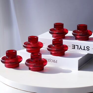 VOHO Candle Holders, Ribbed Glass, Stylish Boho Candle Holders, Stackable and Reversible, for Candle Stands and Votive Candles, e Candle Holders, Table Decoration, Set of 12 (Red/Getaway, Solid (Getaway Solids))