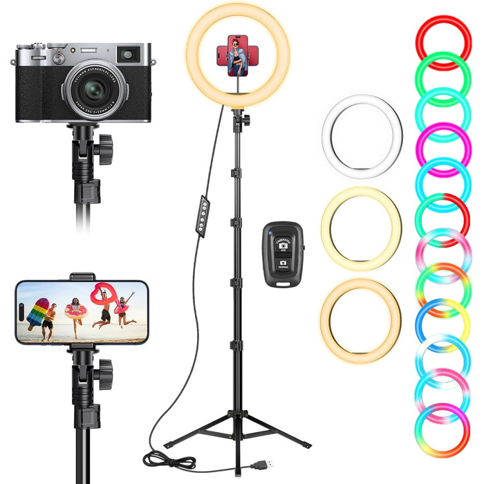 LED кільцева лампа 25 см з триподом 155 см та тримачем для телефону, RGB, регульована яскравість, для YouTube, відеозйомки, селфі, стрімінгу, макіяжу та фотографії