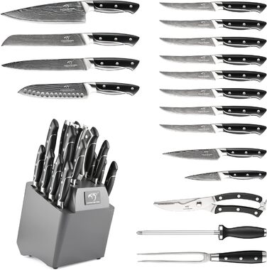 NANFANG BROTHERS 18-Piece Damascus Kitchen Knife Set with Hammered Handles & Wood Block - Premium Sharp Steel Blades