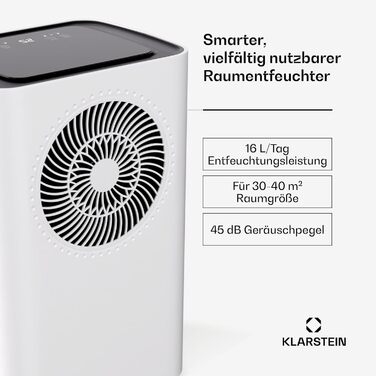 Klarstein CircleDry 12L: Розумний осушувач повітря з Wi-Fi, 38dB, таймер, контроль вологості, для приміщень до 24м², білий