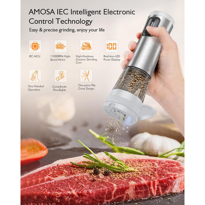 Електрична млин для солі та перцю AMOSA 2-в-1 USB, біла (срібляста) - автоматична, керамічний механізм, регульований помел