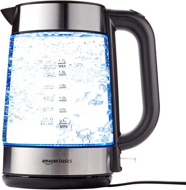 Amazon Basics Electric Glass Kettle, 1.7 L, 2200 W, Black, Silver