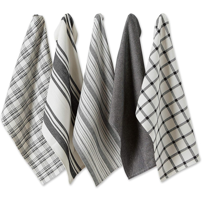 DII Sorted, Woven Kitchen Dish Towel Set, Cotton, Black, 18x28, 5