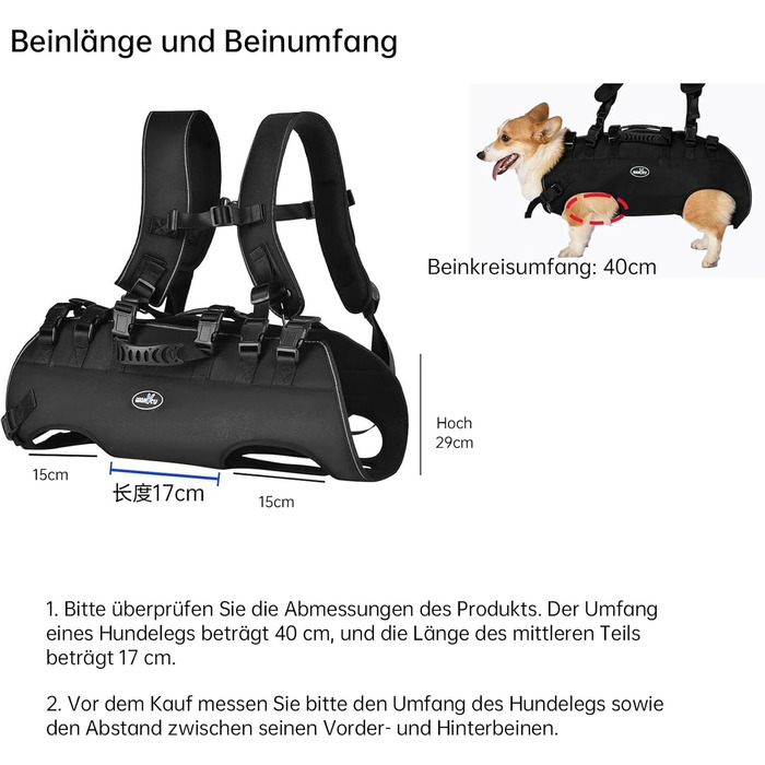 Сумка-переноска для собак великих порід Wakytu, 30-40 кг, чорна. Ідеально для транспортування, реабілітації та підтримки собак з проблемами суглобів або інвалідністю.