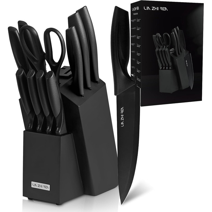 Набір ножів LIN ZHI REN 13 предметів з бруском, чорний. Кухонний набір ножів, ергономічні ручки, безпечний, для миття в посудомийній машині