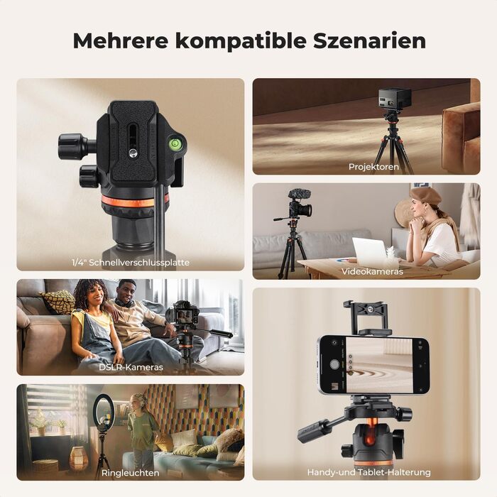 Компактний алюмінієвий штатив для камери K&F Concept 182 см, посилений тримач 8 кг, Arca-Swiss куляста головка для DSLR, бездзеркальних камер та iPhone, чорний (O234A3+BH-36)