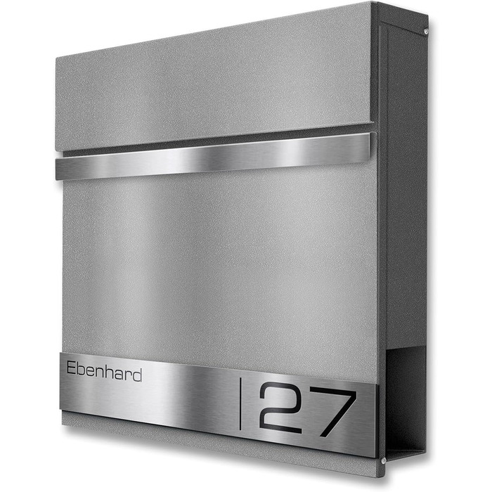 Поштова скринька Metzler Premium з газетницею Anthrazit, персоналізована з табличкою для імені, високоякісна настінна з нержавіючої сталі V2A з порошковим покриттям RAL 7016, модель Stencil (сірий алюміній)