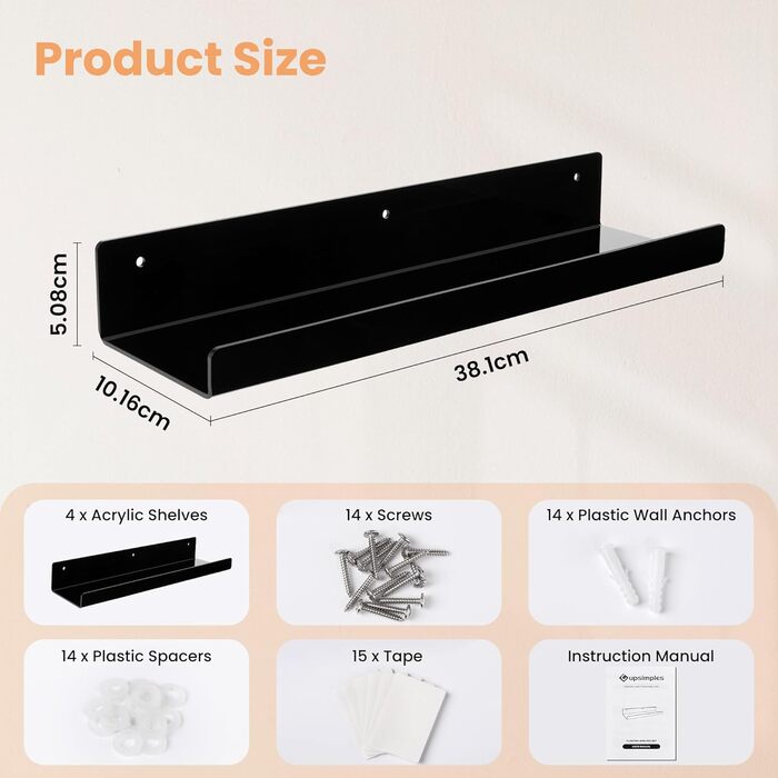 Настінні полиці Upsimples, 4 шт., білі, без свердління, 38x10 см, для ванної, спальні, кухні