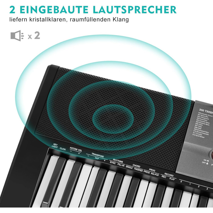 MUSTAR 61-клавішна клавіатура-піаніно для початківців, цифрова клавіатура з підсвічуванням, динаміками, стійкою, табуретом, навушниками, мікрофоном, підставкою для нот, 300 звуків та уроками гри, чорний колір