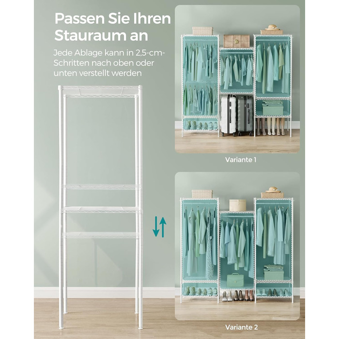 SONGMICS Clothes Rack, Open Wardrobe, Metal Coat Rack, Coat Stand with Adjustable Shelves and Clothes Rails, Hooks, High Load Capacity, Detachable, Cloud White LGR431W01