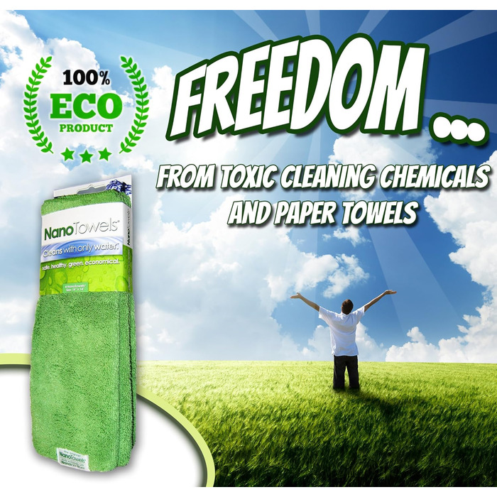 Nano Towels Cleaning Cloths, eco-friendly, chemical-free, as seen on TV. The breakthrough in cleaning fiber technology, these cloths clean with just water and replace expensive paper towels, sponges, cleaning cloths, wet wipes, microfiber cloths, and toxic chemical cleaners, saving money, eco-friendly, and safe for toddlers and babies. Can be used as bath towels, kitchen towels, and dish towels. 35.6 x 35.6 cm, 4 pieces