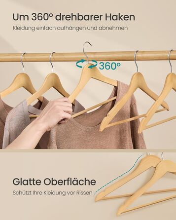 Плечики для одягу SONGMICS з дерева, набір 20 шт., дерев'яні тонкі плечики, для сорочок, жакеток та штанів, з вирізами для плечей, 360° обертовий гачок, береза, білий, CRW0W02
