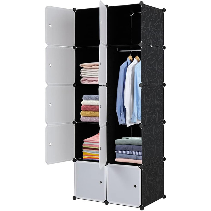 Regal system, 10 cubes, plastic wardrobe with doors, modular cabinet for space-saving storage, 70 x 45 x 175 cm, white door & black cabinet, for storing clothes, shoes, etc.