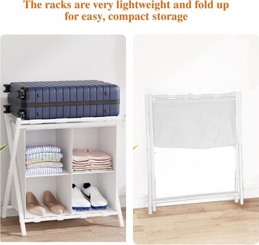 aboxoo 2-Pack Luggage Rack with Storage, Guest Room, Folding, Holds up to 54.4 kg, Space-Saving Suitcase Racks for Guest Rooms, Bedrooms, Hotel, Black (White, 2 Pieces)