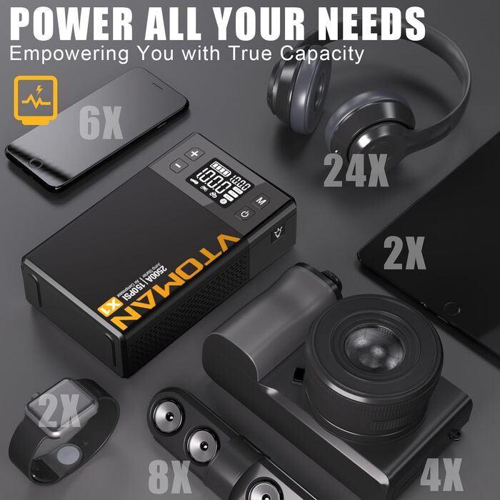 VTOMAN X1 Портативний пусковий пристрій з повітряним компресором, 2500A, акумуляторний, для автомобілів з бензиновими (до 8,5 л) та дизельними (до 6 л) двигунами, цифровий надувний насос 150 PSI, 12V, зарядний пристрій