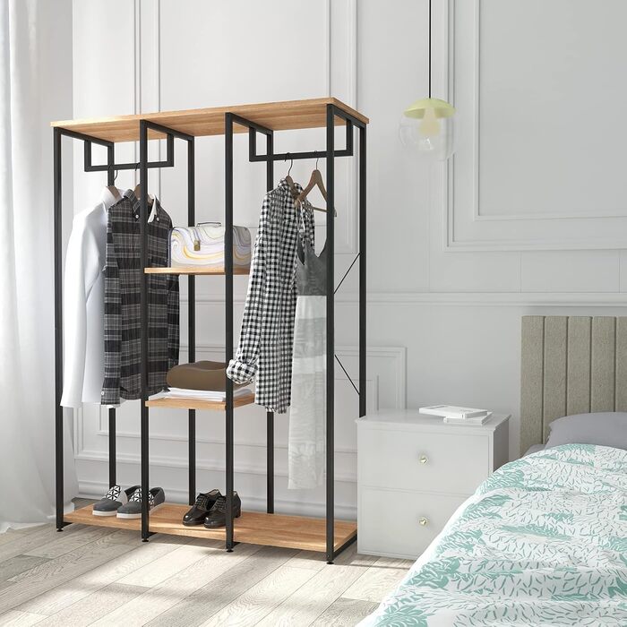 WOLTU XXXL Clothes Rack Freestanding with Shelf, Clothes Rail Wardrobe, Open Clothes Rod with Shoe Shelf for Bedroom, Wood and Steel, Black + Light Oak