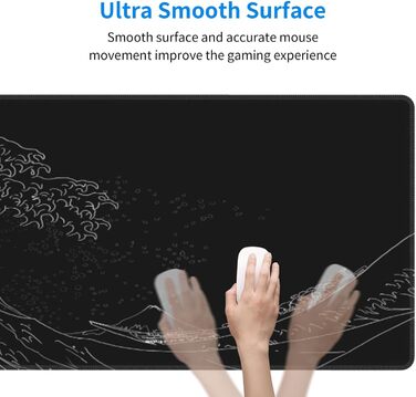 Килимок для миші для геймінгу, чорний, з принтом «Хвиля Канадзи», 80 x 30 см, з гумовою основою, водонепроникний, з прошитими краями